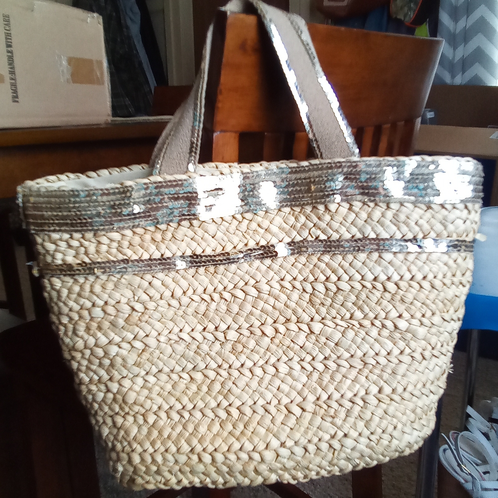 Vintage Bath and Body Works Woven Straw Rattan Sequin Beach Bag Purse Y2K